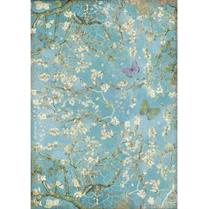 Stamperia Rice Paper A4 Atelier Blossom Blue Background with