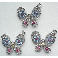 Charms, 3 sommerfugler med farget bling