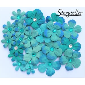 28 Ass blomster m bling, Aqua