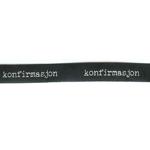 Bånd, sort sateng med sølv konfirmasjon, 9mm x 15m