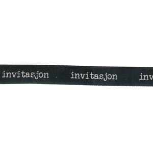 Bånd, sort sateng med sølv invitasjon, 9mm x 15m
