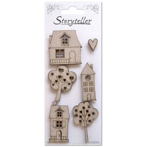 Chipboardfigurer - Hus og trær, 6 stk